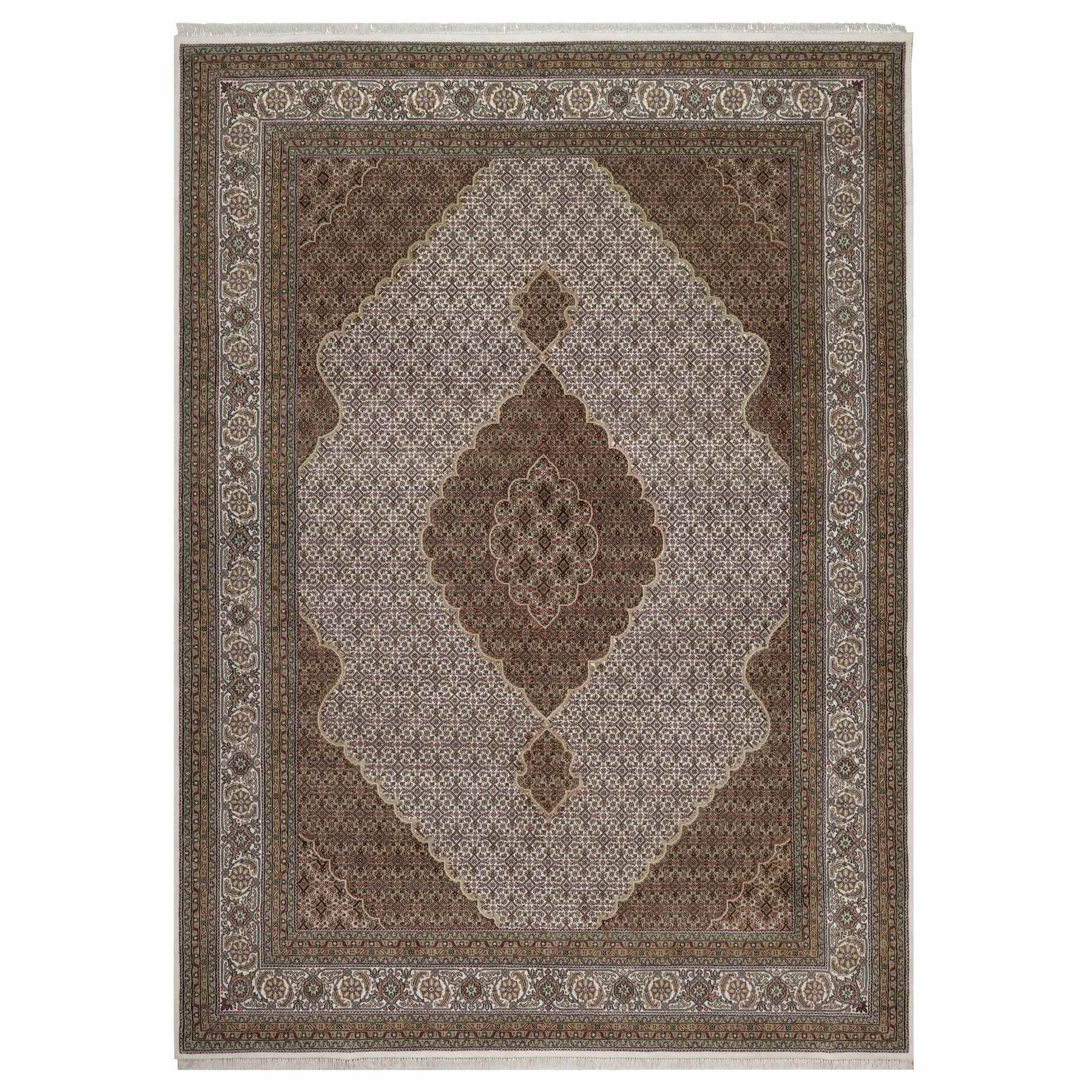 Pearl White, Hand Knotted, Tabriz Mahi with Fish Medallion Design, 100% Wool, 175 KPSI, Oriental Rug